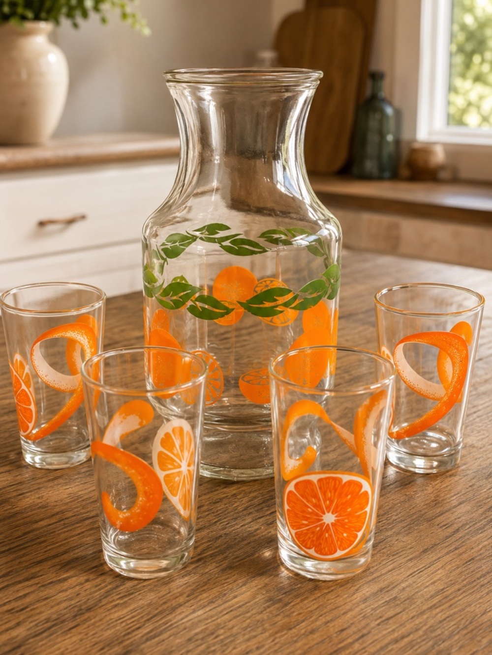 Vintage 1960s Anchor Hocking Citrus Orange Juice Carafe & 4 Juice Glasses MCM - Picture 15 of 15